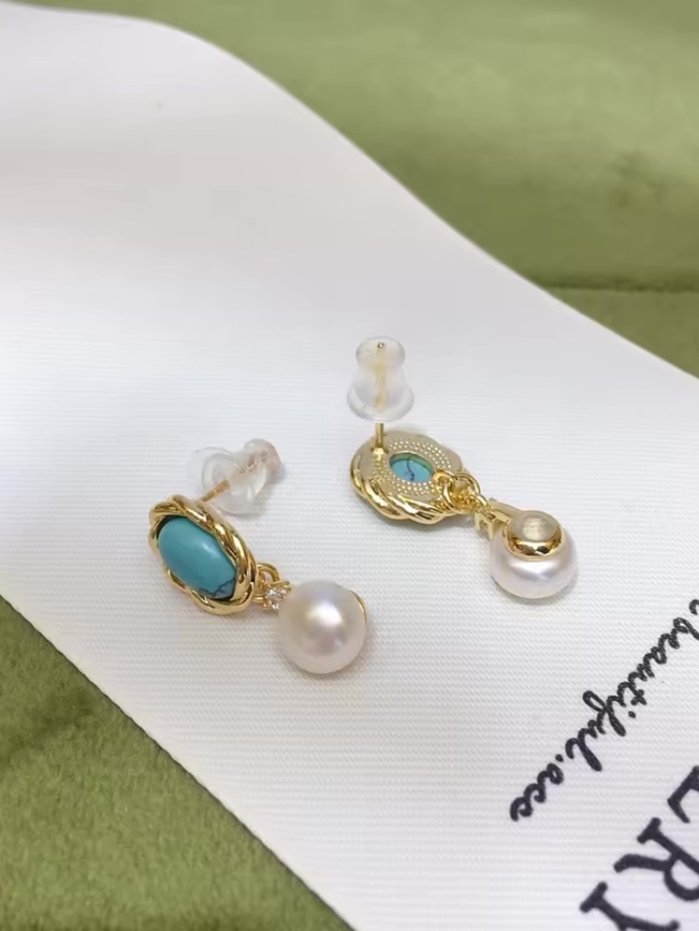 Anthro Retro Turquoise Stone Freshwater Pearl Earrings 7-8mm Bread Beads Premium